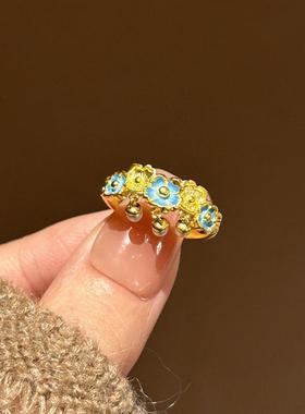 新中式珐琅小蓝花花朵开口戒指女时尚轻奢浪漫金色指环清冷感手饰