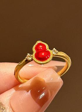 古法沙金红色葫芦戒指女本命年古法精致小巧点钻小葫芦福禄指环
