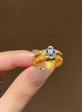 新中式宫廷风仿珍珠金色珐琅四叶花戒指女小众时尚轻奢高级感手饰