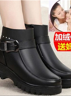防滑短靴中年女鞋老人加绒棉鞋