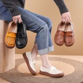 妈妈鞋 夏季 透气洞洞鞋 真皮镂空乐福厚底休闲女鞋 中老年一脚蹬凉鞋