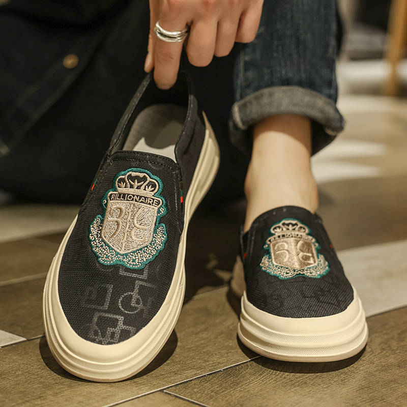 欧洲站潮牌帆布鞋子男鞋夏季透气防臭一脚蹬懒人板鞋刺绣乐福潮鞋