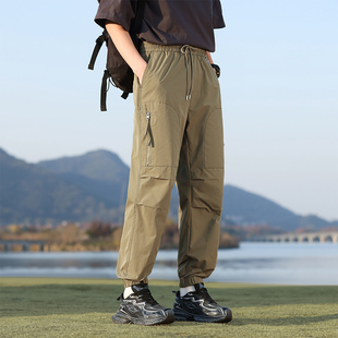 男夏季 薄款 戶外運(yùn)動工裝 透氣防曬寬松束腳衛(wèi)褲 褲 雙褶膝蓋不鼓包