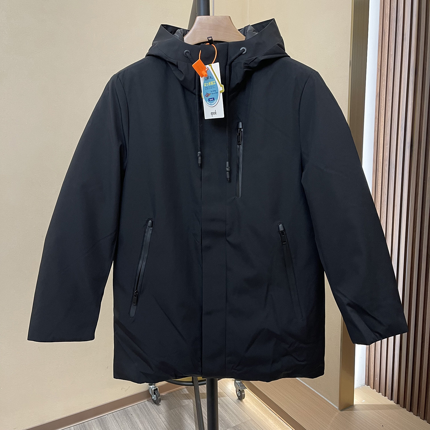 中长黑色户外运动防水连帽羽绒服