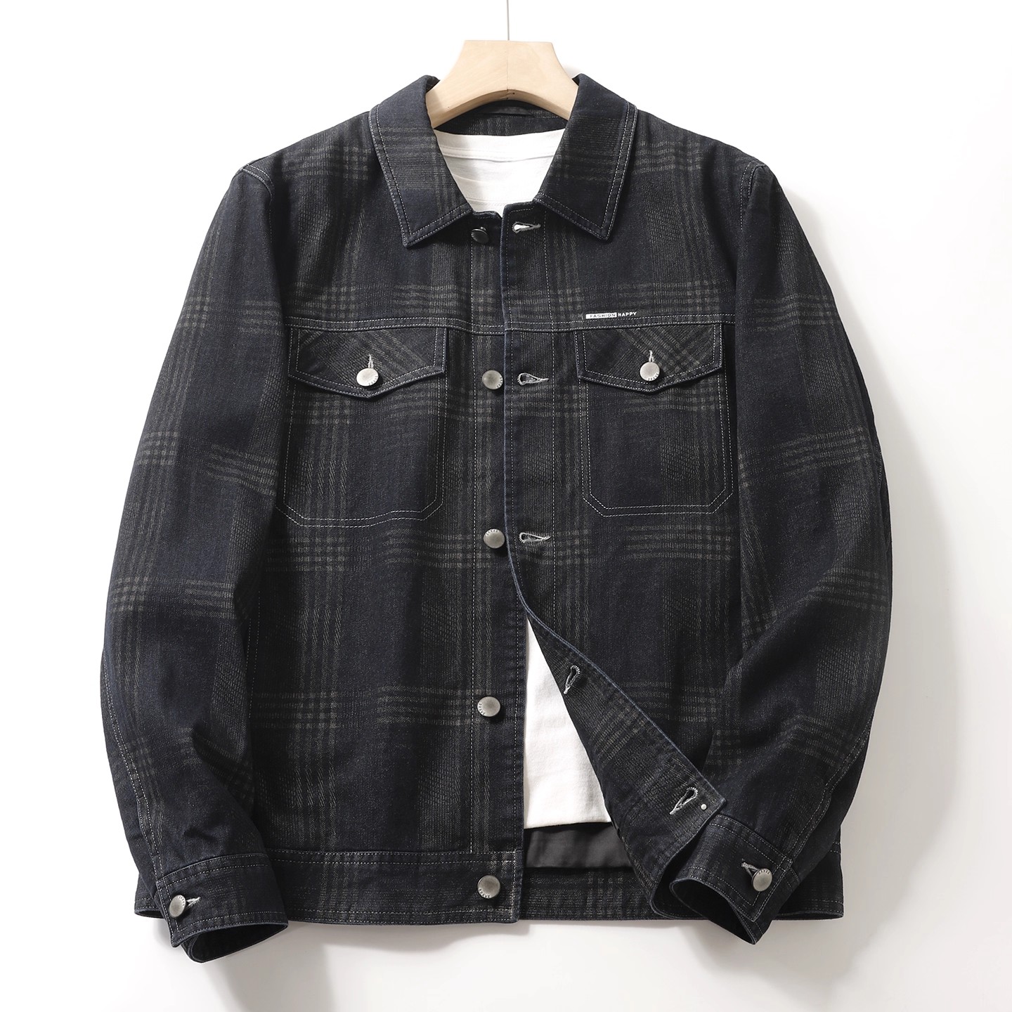 弹力水洗棉休闲格纹牛仔夹克外套
