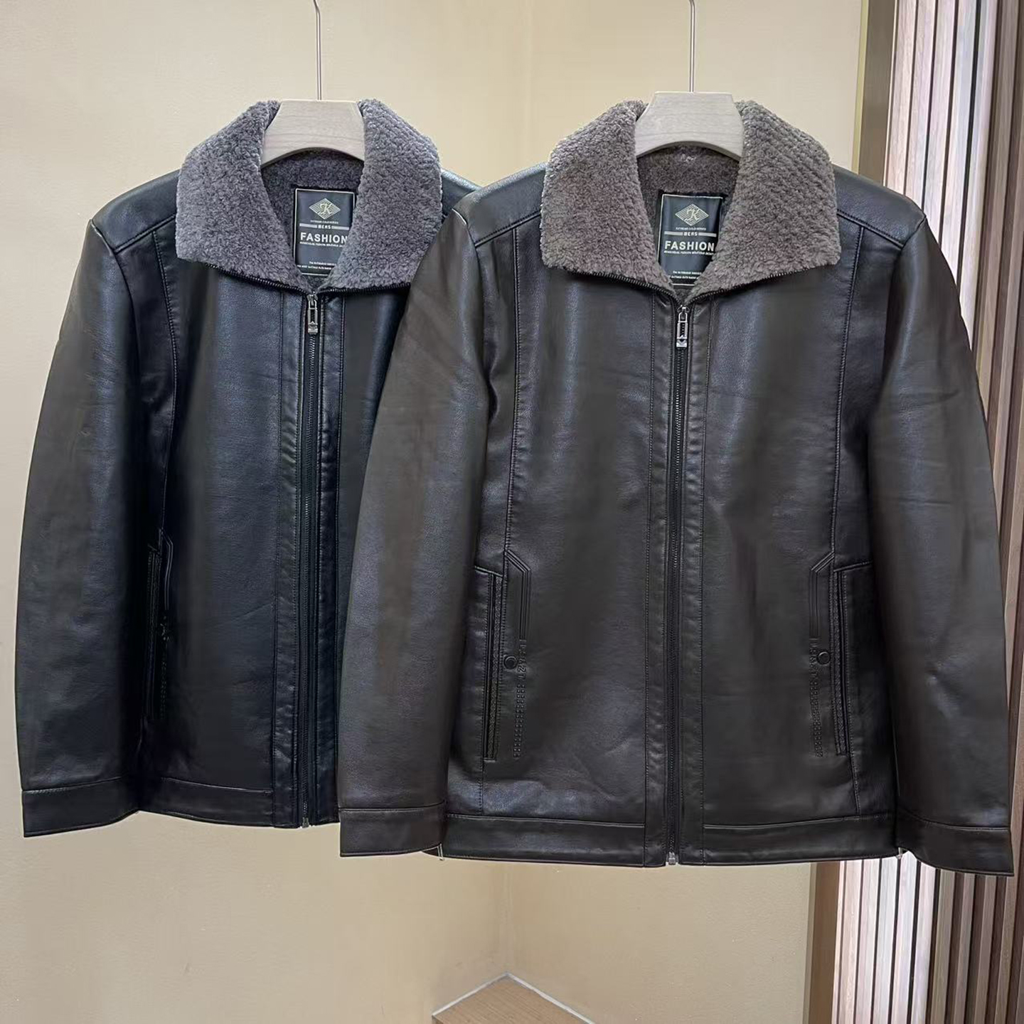 加绒加厚中老年男士立领黑色皮衣