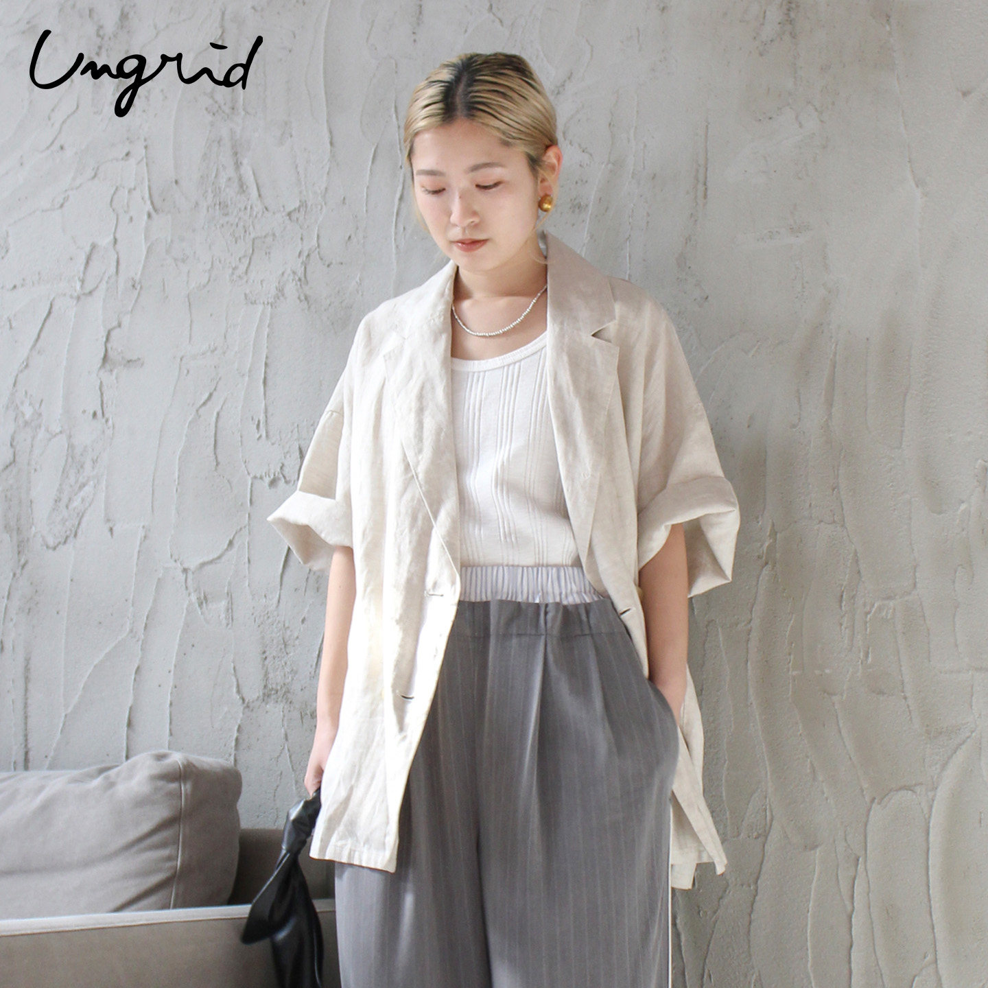 Ungrid26春季新品休闲宽松双排扣亚麻混纺半袖夹克外套1126201400