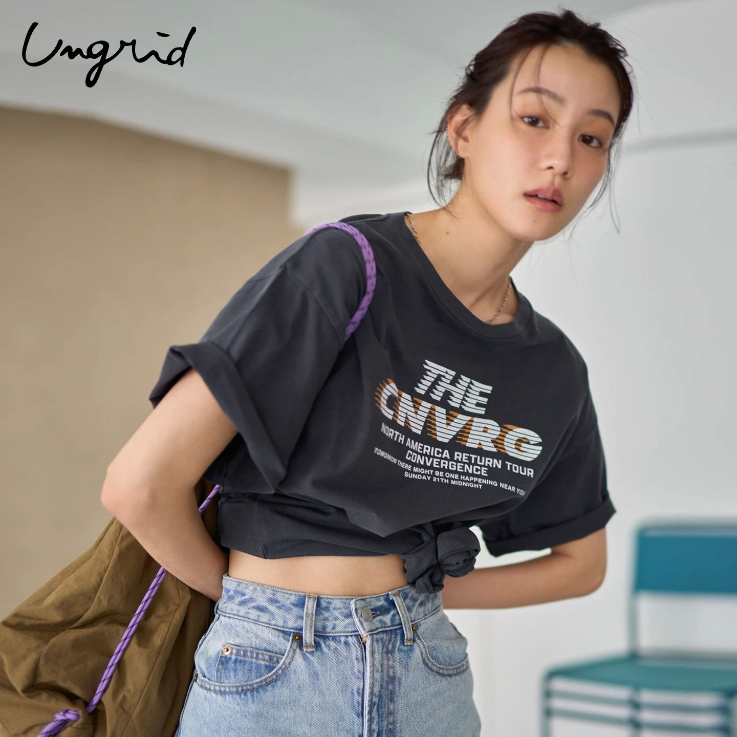 Ungrid 25春夏新品复风印花纯色宽松落肩短袖棉T恤女1125227373