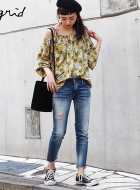 Ungrid牛仔裤破洞水洗手工磨边弹力直筒修身显瘦九分女1100024006