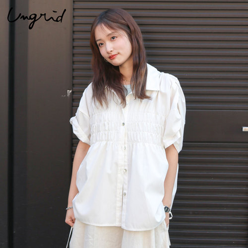 Ungrid宽松抽皱竖条五分袖衬衫