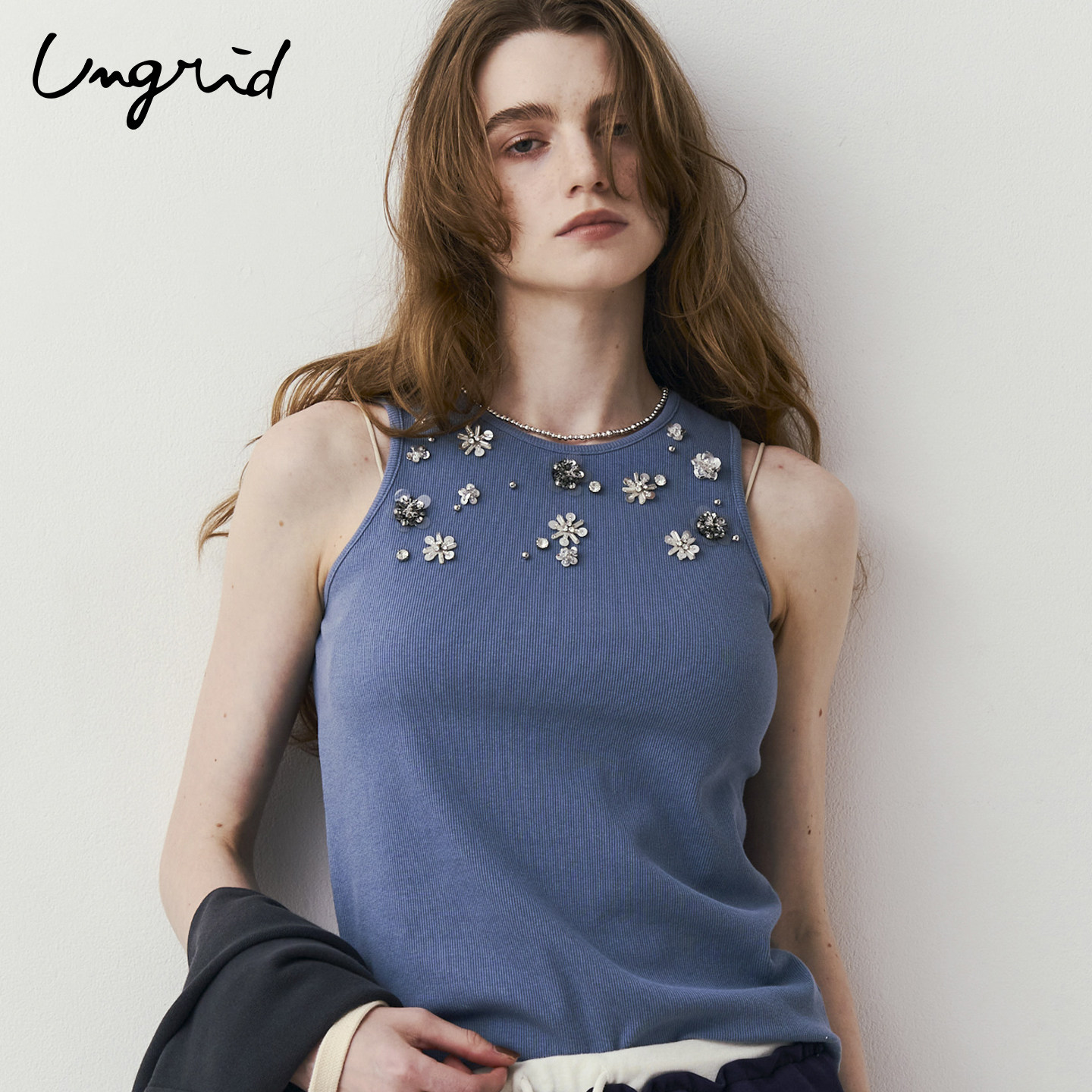 Ungrid2026秋新品女日系纷呈串珠背心罗纹修身休闲百搭打底