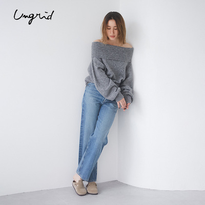 Ungrid2024冬季新品高级简约气质感折叠一字肩针织衫女1124526071