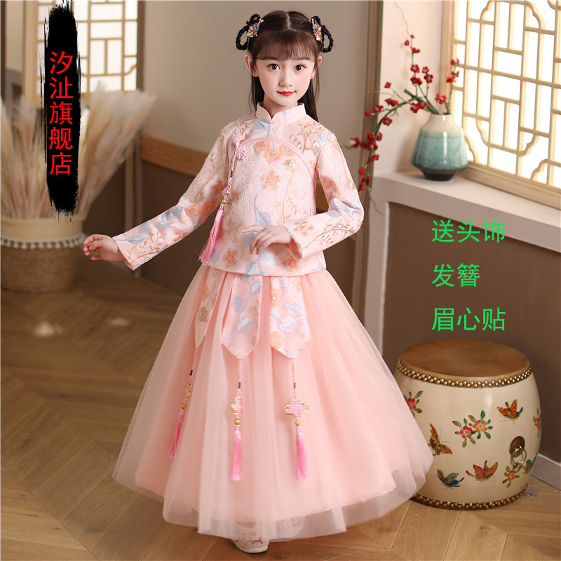 新款儿童小女孩粉红色唐装春季中国风古装超仙汉服公主裙拜年服装