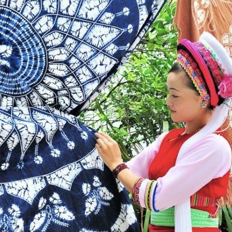 圆2米云南工艺品大理周城手工白族扎染圆餐馆客栈桌布深蓝色风车