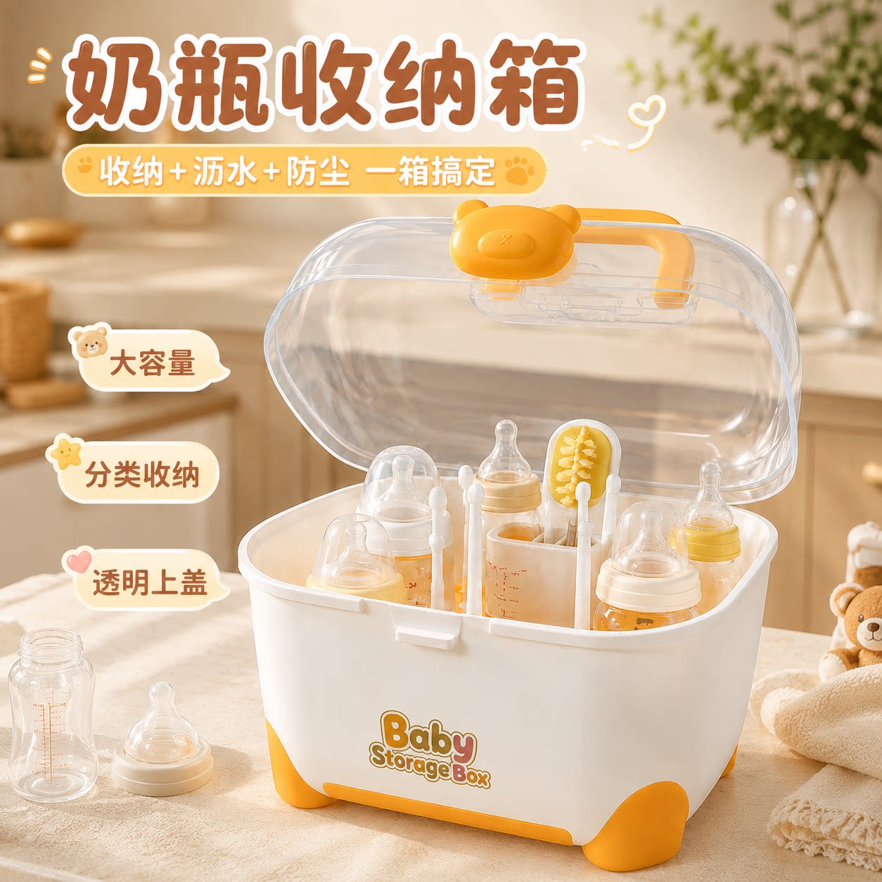 奶瓶收纳箱防尘带盖沥水架婴儿用品宝宝餐具晾干架辅食工具收纳盒