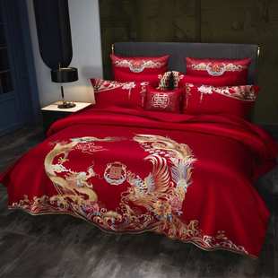 九喜狐婚庆家纺结婚床上用品龙凤刺绣60支长绒棉南通叠石桥家纺