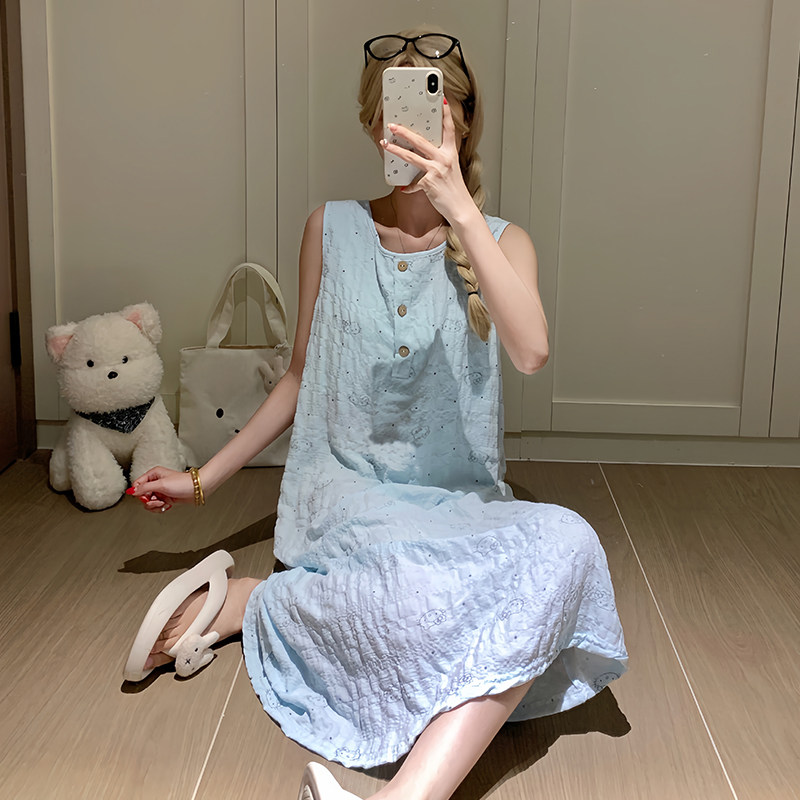 睡裙女款奶蓝色无袖宽松云朵棉背心裙子带胸垫睡衣夏季新款家居服