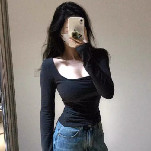 自带胸垫U领显瘦修身百搭上衣