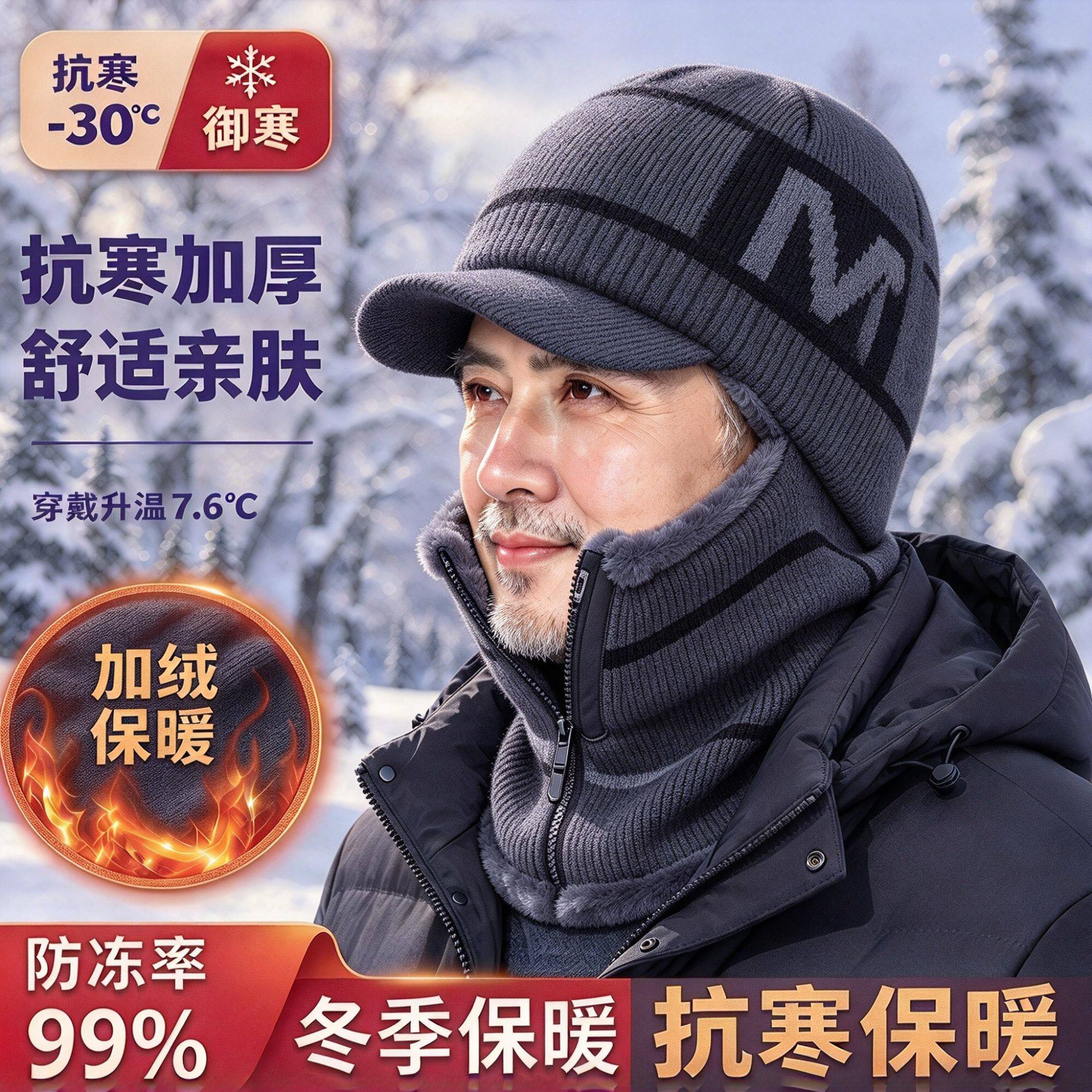 中老年人护耳帽子男冬天加厚毛线帽围脖一体骑行帽防风防寒连体帽