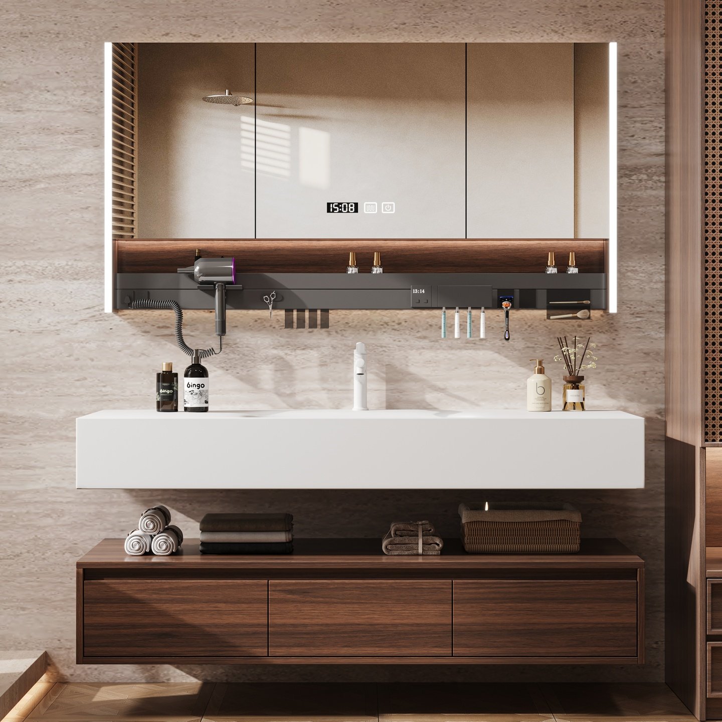 浴室柜岩板热弯一体盆胡桃木洗漱台洗手池台盆洗脸盆柜组合挂墙式,家装主材,浴室柜组合,淘宝优惠券,粉丝福利购,淘宝优惠卷