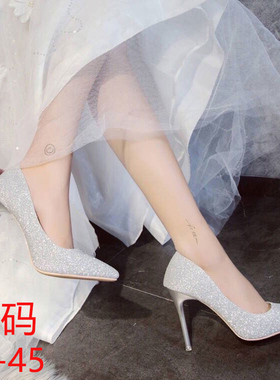 33-45码大码伪娘高跟鞋细跟鞋亮片磨砂浅口黑色女装大佬单鞋10cm