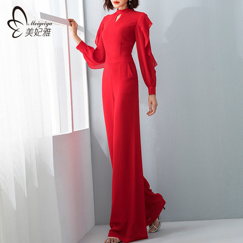 红色雪纺连体裤女秋长款2024新款连衣裤阔腿裤套装高腰气质连身裤