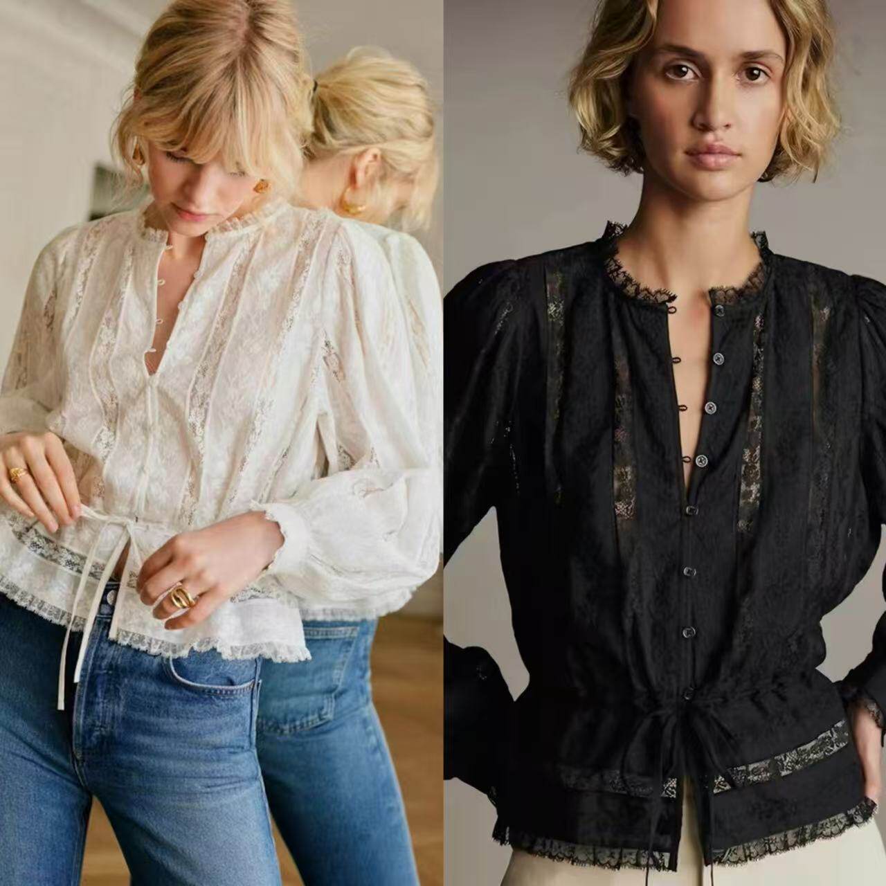 法式小众26年春夏新款浪漫睫毛蕾丝拼接收腰系带泡泡袖刺绣衬衫女