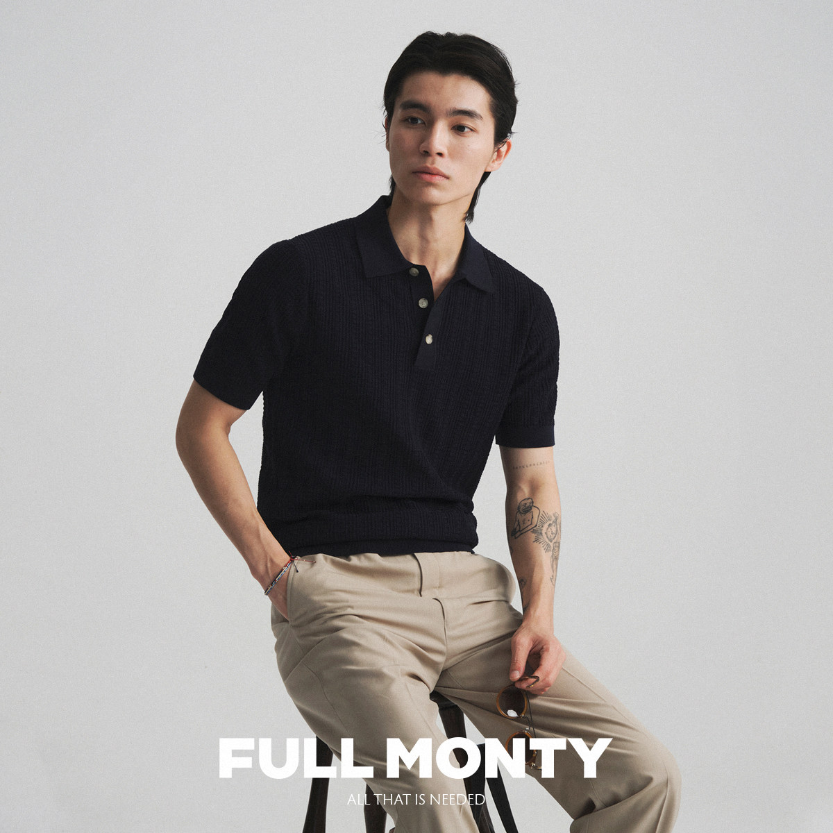 FULL MONTY男士藏青色针织短袖纯棉商务休闲翻领polo衫薄款T恤