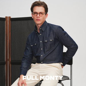 FULL MONTY男士修身商务休闲纯棉水洗牛仔衬衫男装外套衬衣春夏季