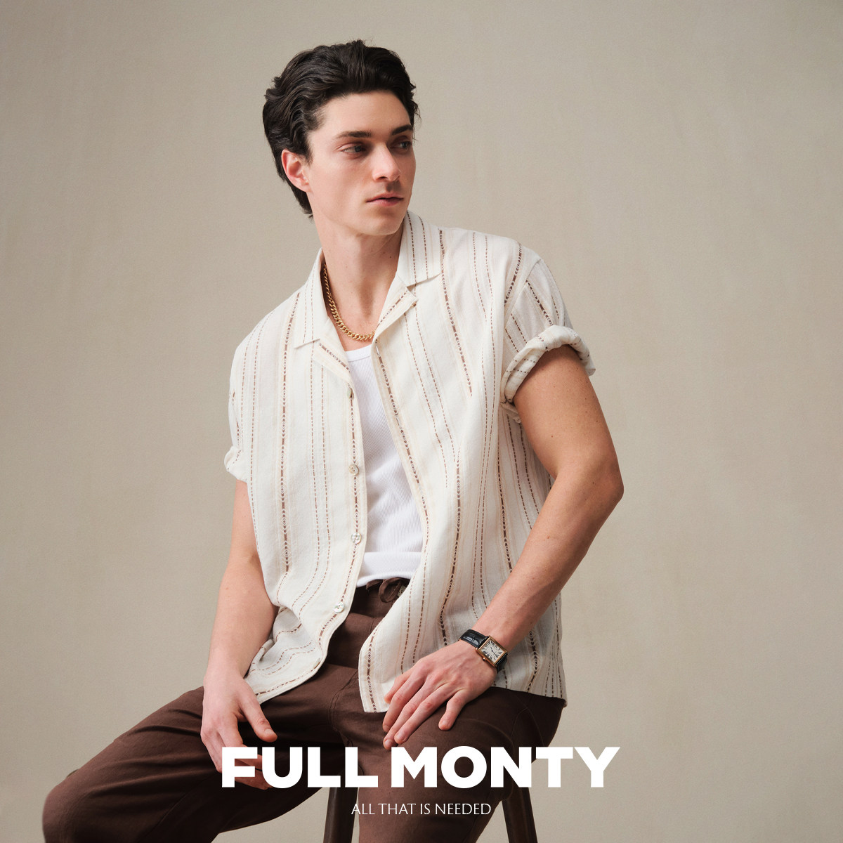 FULL MONTY棕白复古提花短袖衬衫男士宽松休闲古巴领衬衣夏季薄款图片