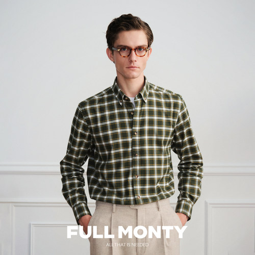 FULL MONTY复古绿白格纹钉扣领休闲衬衫男士纯棉宽松长袖衬衣外套