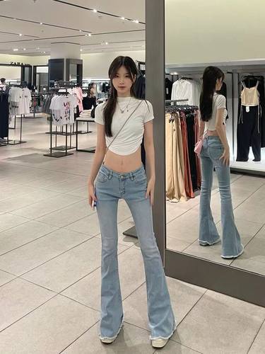 毛边弹力低腰牛仔拖地微喇叭裤