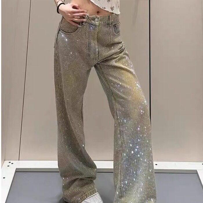 满天星烫钻做旧牛仔裤女2025秋季新款高腰宽松显瘦百搭直筒阔腿裤,女装/女士精品,牛仔裤,淘宝优惠券,粉丝福利购,淘宝优惠卷