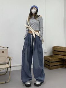 美式街头复古蓝工装牛仔裤女2025春夏季新款松紧腰百搭街舞长裤子