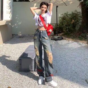 阔腿裤女2026夏季韩版新款宽松高腰显瘦毛边直筒男女破洞烂牛仔裤