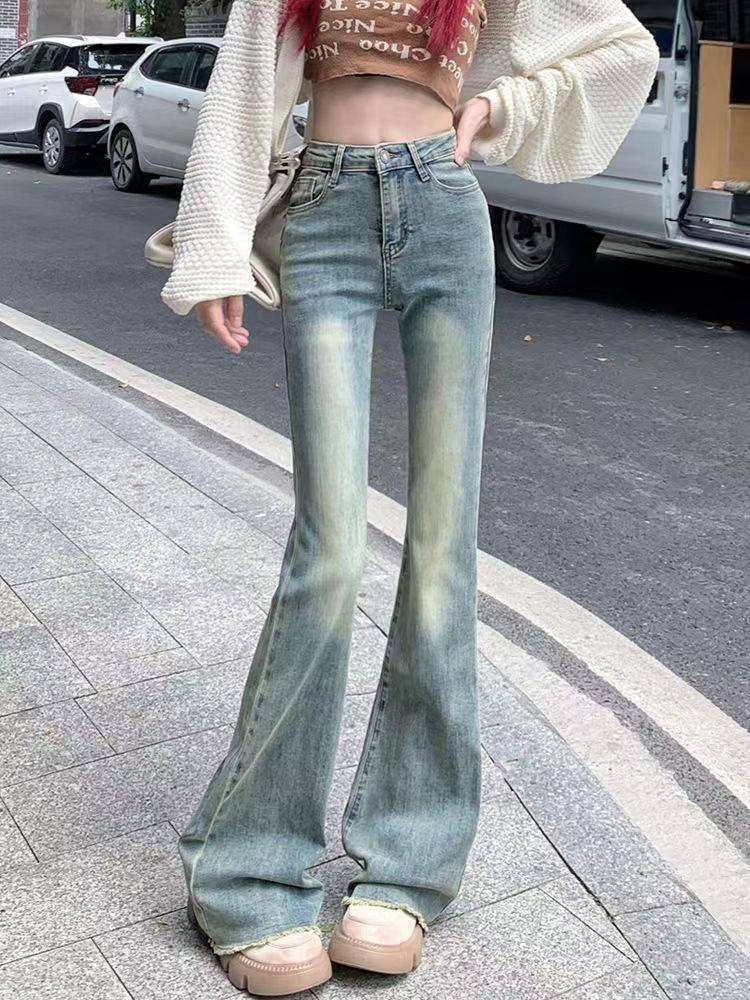 毛边高腰微喇牛仔裤女春秋新款小个子浅色显瘦紧身阔腿马蹄裤ins