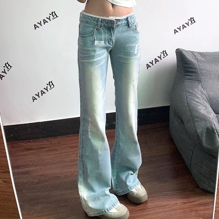 复古水洗低腰浅色微喇牛仔裤夏季美式新款蕾丝设计拼接显瘦喇叭裤,女装/女士精品,牛仔裤,淘宝优惠券,粉丝福利购,淘宝优惠卷