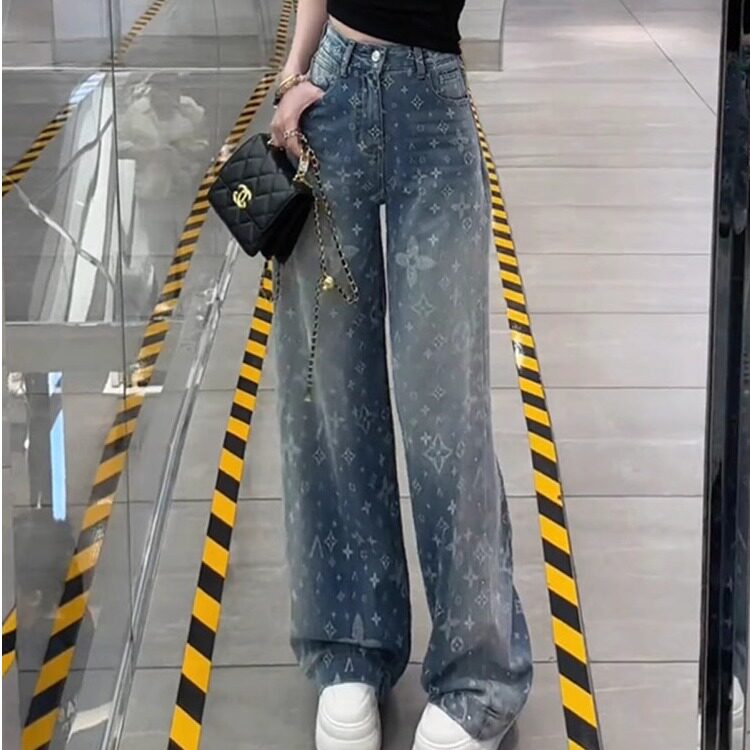 韩系高腰显瘦提花烫钻牛仔裤女2025秋季宽松设计感直筒拖地长裤潮