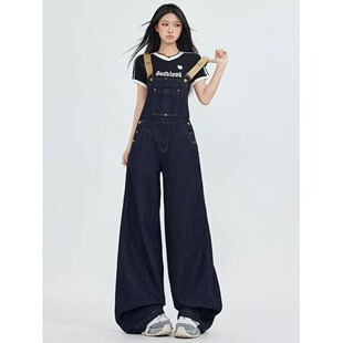 复古深蓝色阔腿牛仔背带裤女2026秋夏季新款高腰宽松直筒连体长裤