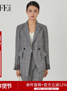 莱芙艾迪儿职场通勤时尚设计感格纹修身型西装外套女3W1W68016