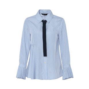 学院风自由风情H型不对称褶皱衬衫 条纹简约减龄上衣 女早秋时尚
