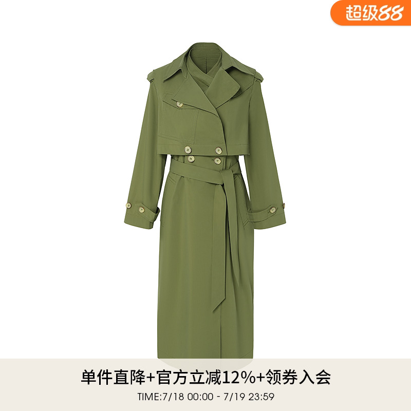 时尚摩登高级感斗篷式苔藓绿长款风衣外套2D3W63075