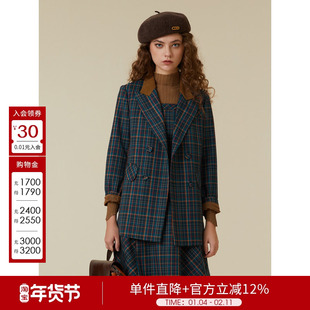 品牌女装秋冬季时尚格纹长袖毛呢外套高级感含羊毛中长款呢子大衣