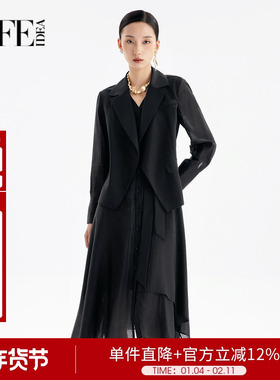 莱芙艾迪儿黑色假两件长袖连衣裙秋季西装裙气质裙子1W3L94072