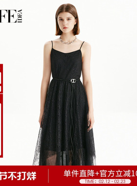 莱芙艾迪儿吊带连衣裙网纱蕾丝裙精致优雅黑色裙子1E1L91118