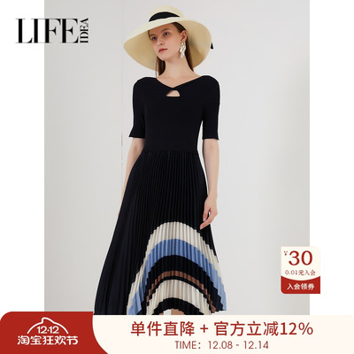 莱芙艾迪儿品牌女装春季气质简约高腰修身撞色不对称设计连衣裙