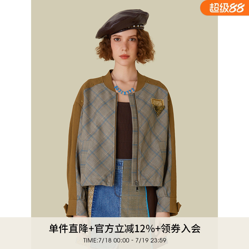 复古美拉德减龄时尚通勤秋季棒球领外套夹克5E3W51028