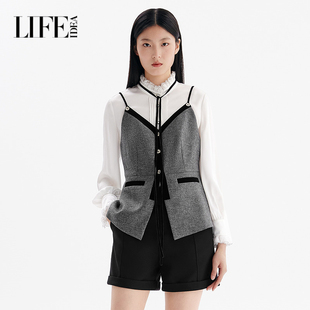 莱芙艾迪儿高级质感千金风混色呢马甲女时髦法式 精致气质典雅上衣