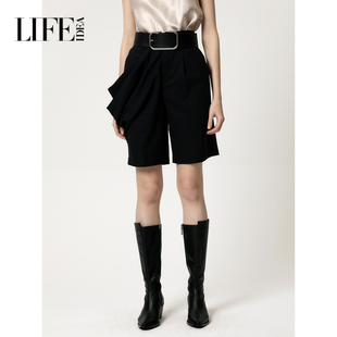 女高腰直筒气质短裤 莱芙艾迪儿夜空黑雅致现代都市休闲西裤 五分裤