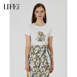 莱芙艾迪儿简约全棉正肩短袖 1E2T21250 t恤女夏印花上衣夏日小衫